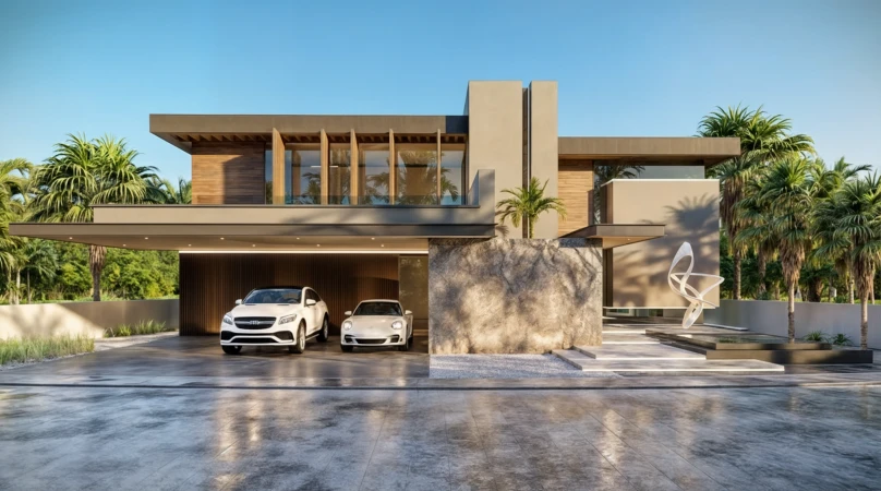 Modern two-story home with flat roof, wood paneling, and neutral exterior, featuring two parked cars and lush palm trees in daytime.