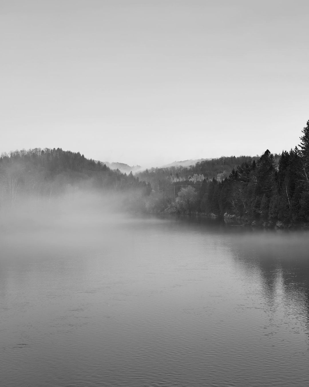 Black and white landscape of a calm river surrounded by foggy forest and hills, evoking a tranquil and serene atmosphere in nature.
