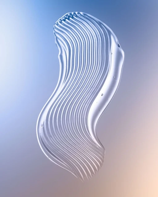 Close-up of a translucent gel smear with distinct ridges against a blended blue and beige background, showcasing texture and light.