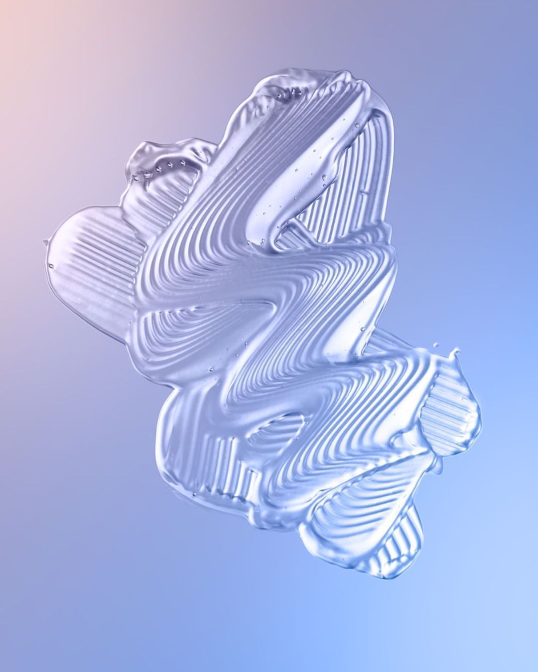 Abstract swirling pattern of iridescent white and blue gel with a ridged texture against a gradient light blue to peach background.
