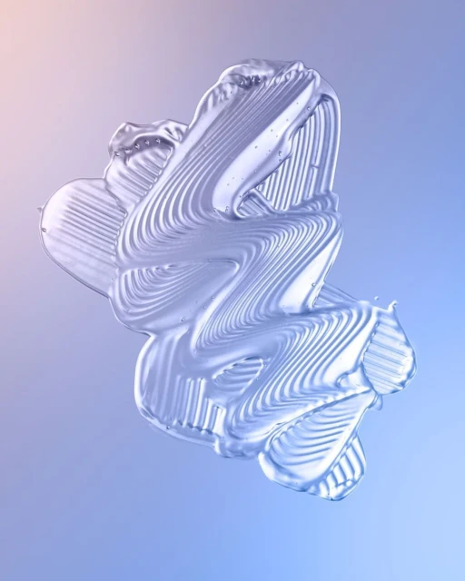 Abstract swirling pattern of iridescent white and blue gel with a ridged texture against a gradient light blue to peach background.
