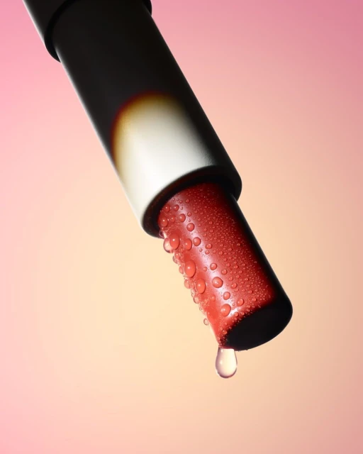 Close-up studio shot of red lipstick with water droplets on the tip and a single drop falling against a pink and yellow background.