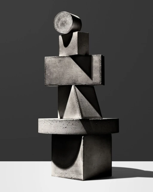 Still life of stacked geometric concrete shapes in studio setting, featuring cylinder, cubes, pyramid, and circle under direct lighting.