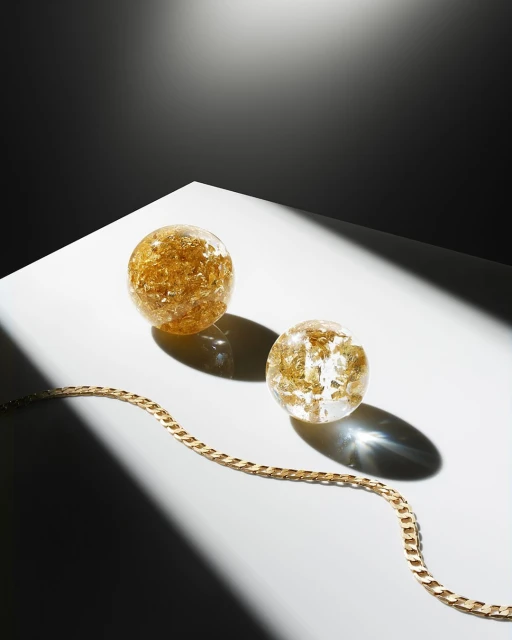Still life shot of two clear, round decorative objects containing gold flakes, with a gold chain necklace on a white surface.