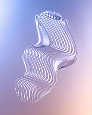 Abstract close-up of clear gel-like material with smooth, wavy lines against a gradient background in shades of purple and beige.