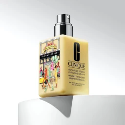 Clinique yellow moisturizing lotion bottle with illustrated graphic on a white pedestal