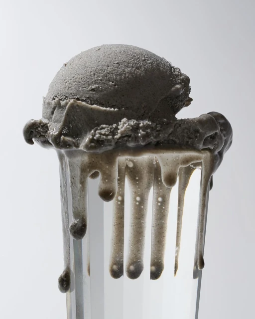 A scoop of grey ice cream melting down the side of a clear glass with visible condensation against a white backdrop. Food photography.