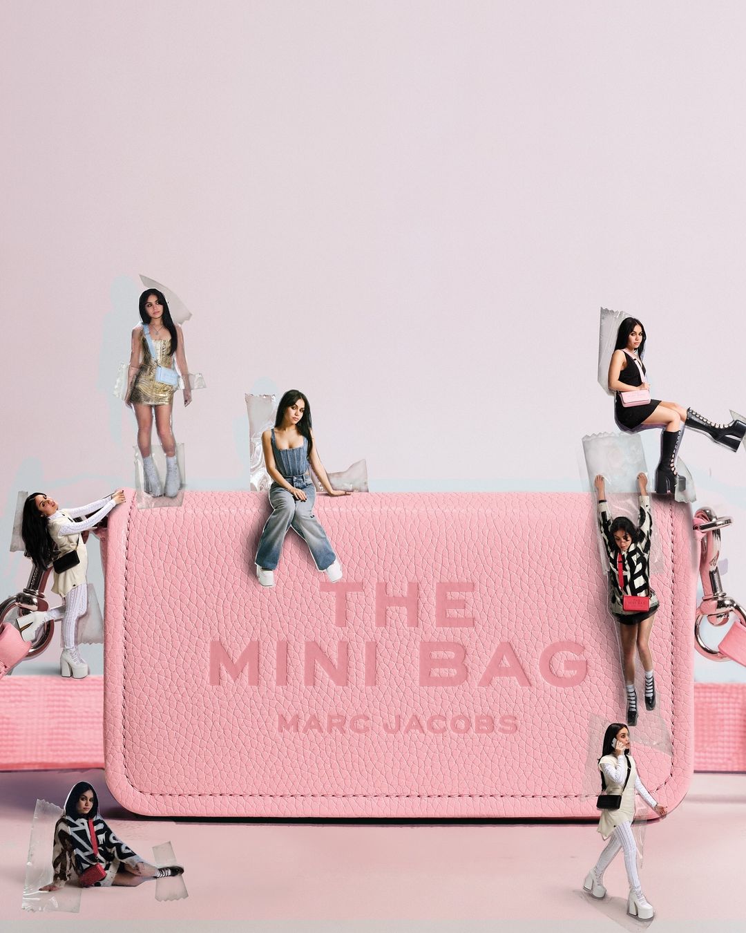 Paper doll style shot of seven females posing around a pink Marc Jacobs Mini Bag on a pink surface against a white background.