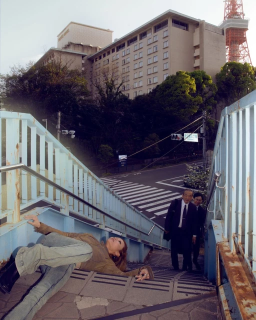 Woman laying on steps near two men in suits, with a hotel and the Tokyo Tower in the background, captured at eye-level.