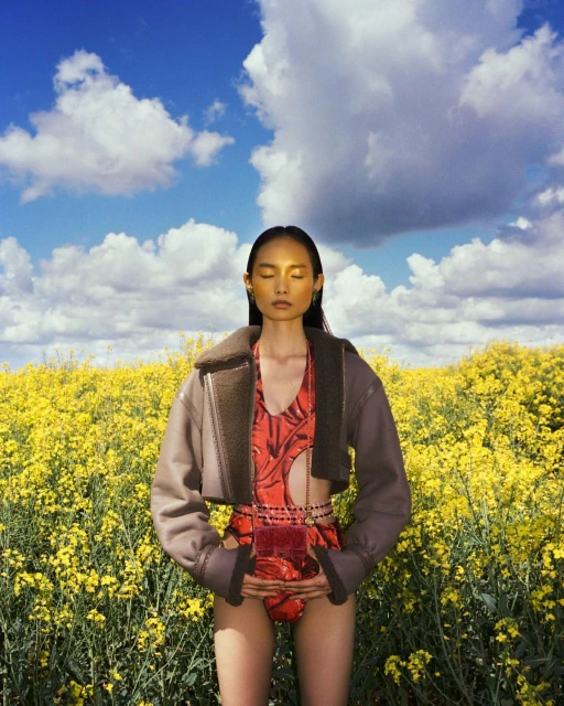 Woman in a red swimsuit and beige jacket stands in a yellow flower field under a blue sky with clouds in a fashion style portrait.