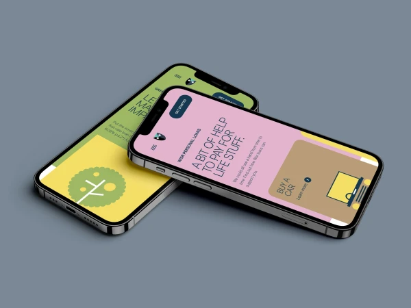 Two smartphones display app interface for Wise Personal Loans with financial and lifestyle visuals on a gray surface.
