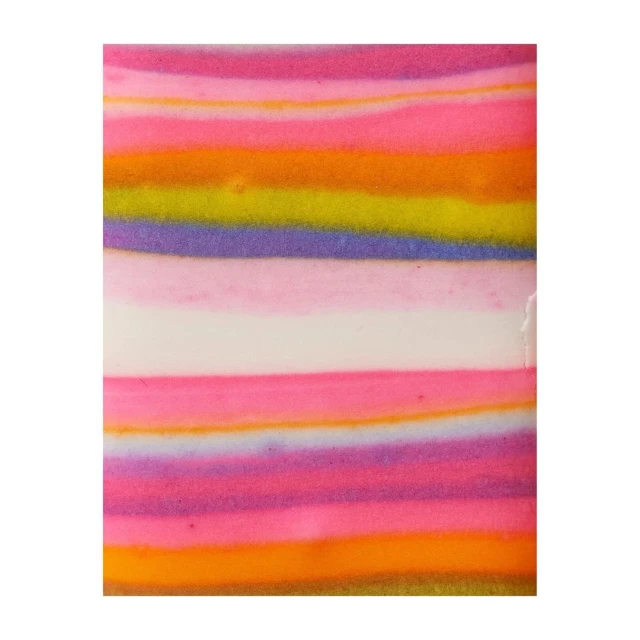 Abstract block of layered stripes in shades of pink, orange, yellow, green, violet, and white.