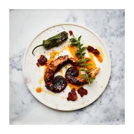Overhead food photography showcases grilled octopus, green pepper, and herbs on a round plate with a marble background in warm lighting.