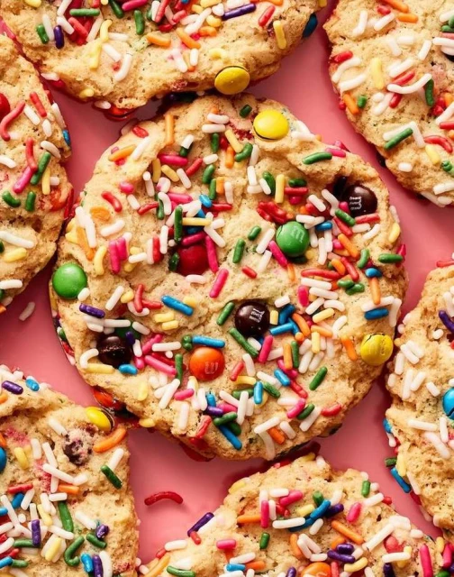 Overhead shot of sprinkle-covered cookies with candy pieces arranged on a pink surface. Food photography highlighting textures and colors.