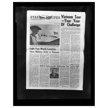 Vintage black-and-white newsprint shows an open edition of 'Stars and Stripes' with articles about the Vietnam War era.