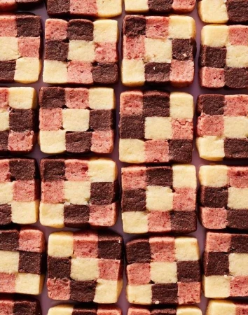 Overhead shot of a checkerboard pattern made of square cookies in brown, light pink, and cream arranged on a light purple surface.