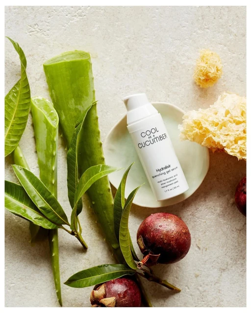Cosmetic serum bottle on plate surrounded by aloe vera, mangosteen, and natural sponge on a textured neutral surface in a studio setup.
