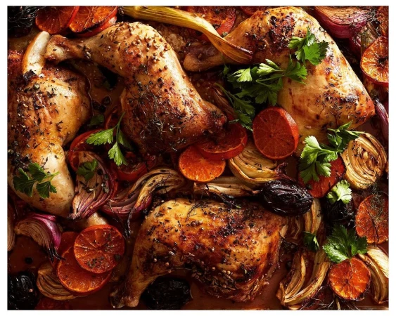 Overhead shot of four roasted chicken legs surrounded by sliced oranges, onions, plums, and herbs, creating a vibrant food still life.