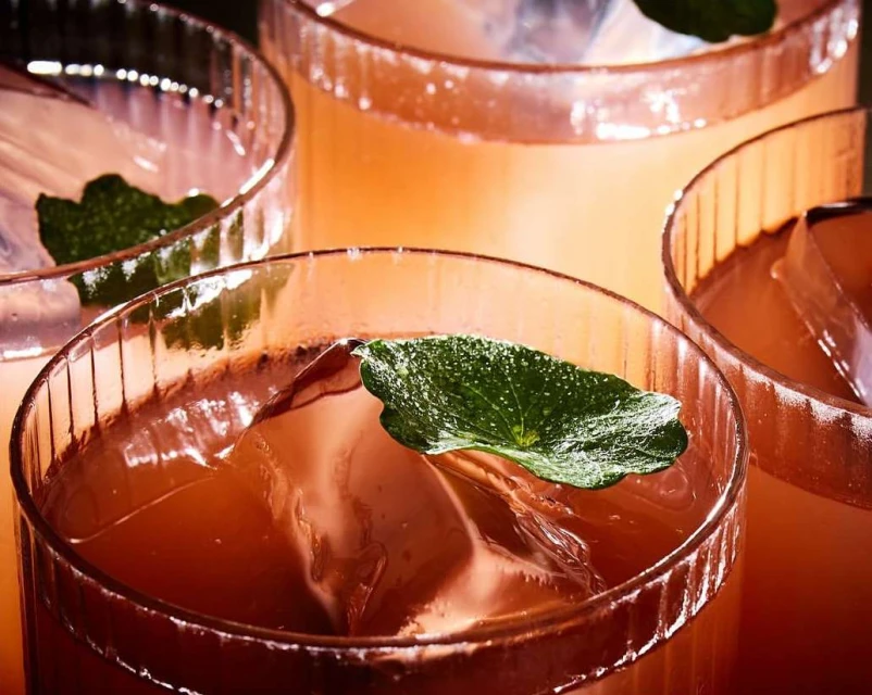 Several clear glass tumblers are filled with a red-orange liquid, ice, and garnished with green leaves. The drinks are arranged close-up.