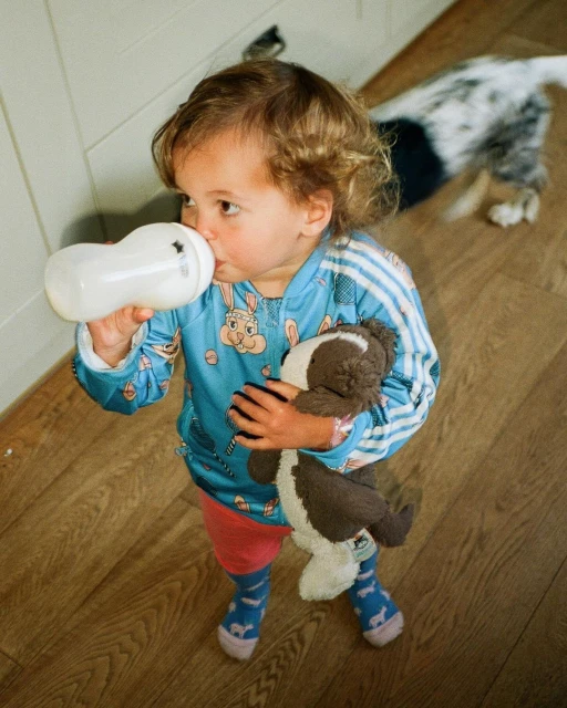 Toddler drinks from a bottle indoors while holding a stuffed animal toy, with a dog visible in the background.