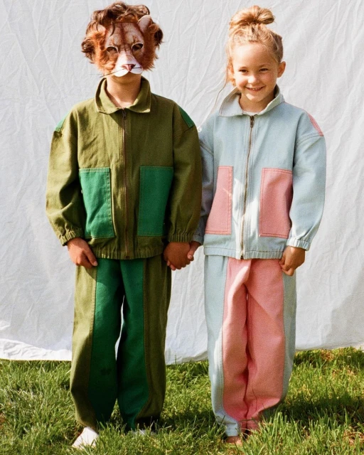 Two children pose outdoors wearing coordinated color-blocked jacket and pants outfits against a simple white fabric backdrop and grass.