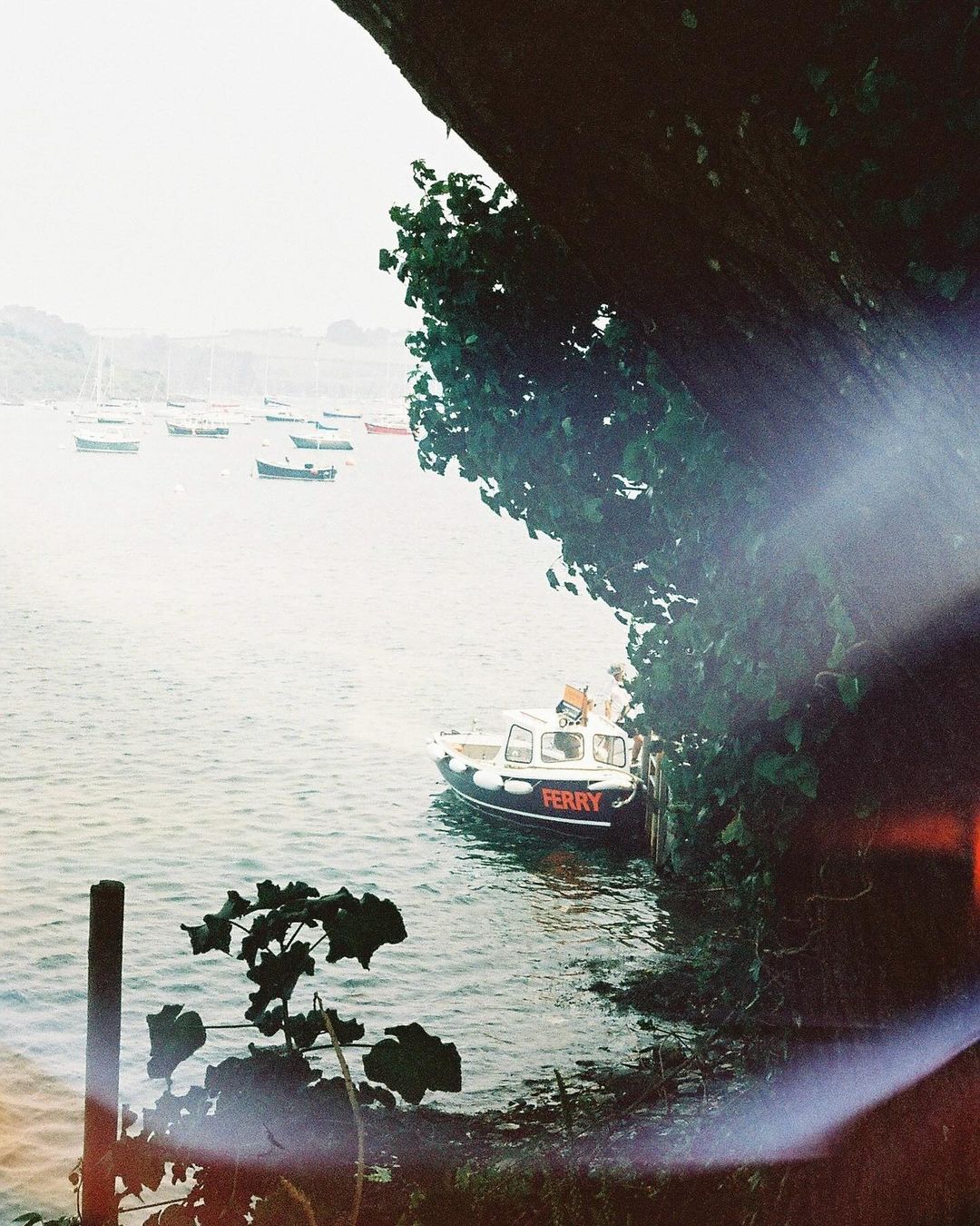 Small ferry boat docked near a tree-lined riverbank, surrounded by sailboats in the distance, creating a tranquil waterscape scene.