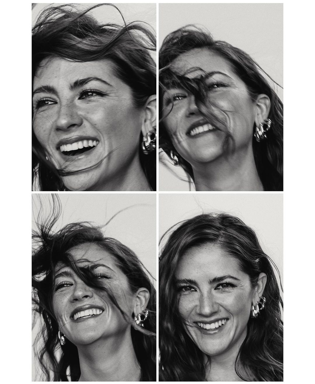 Black and white portrait collage of a woman with long hair smiling with natural light. She wears hoop earrings and a necklace.