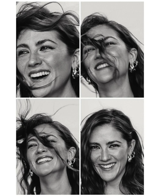 Black and white portrait collage of a woman with long hair smiling with natural light. She wears hoop earrings and a necklace.