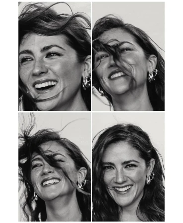 Black and white portrait collage of a woman with long hair smiling with natural light. She wears hoop earrings and a necklace.