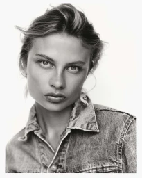 Close-up black and white portrait of a woman in a denim jacket against a white background
