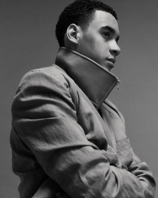 Black and white portrait of a young adult male with short curly hair in a light-colored jacket, posing with arms crossed in a studio.