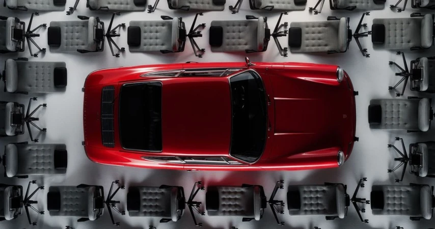 Overhead shot of a red Porsche encircled by a collection of grey office chairs on a light grey surface, creatively composed.