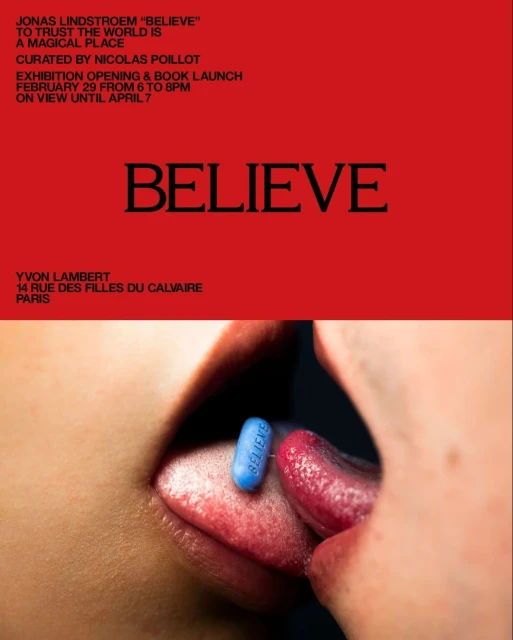 Close-up of an open mouth with a light blue pill on the tongue, set against a red background featuring text and exhibition details.