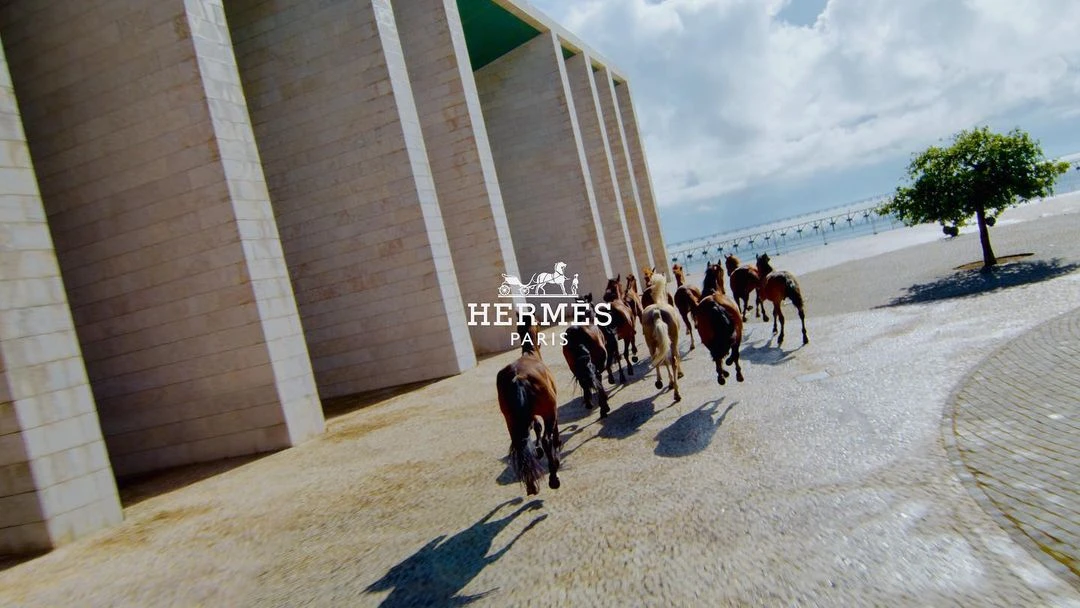 A herd of horses runs along a paved road near a modern building and a body of water under a cloudy sky, Hermes logo visible.