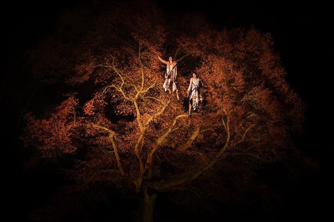 Two figures in elaborate white costumes and makeup dramatically pose high in a large tree at night, lit from below, creating a theatrical scene.