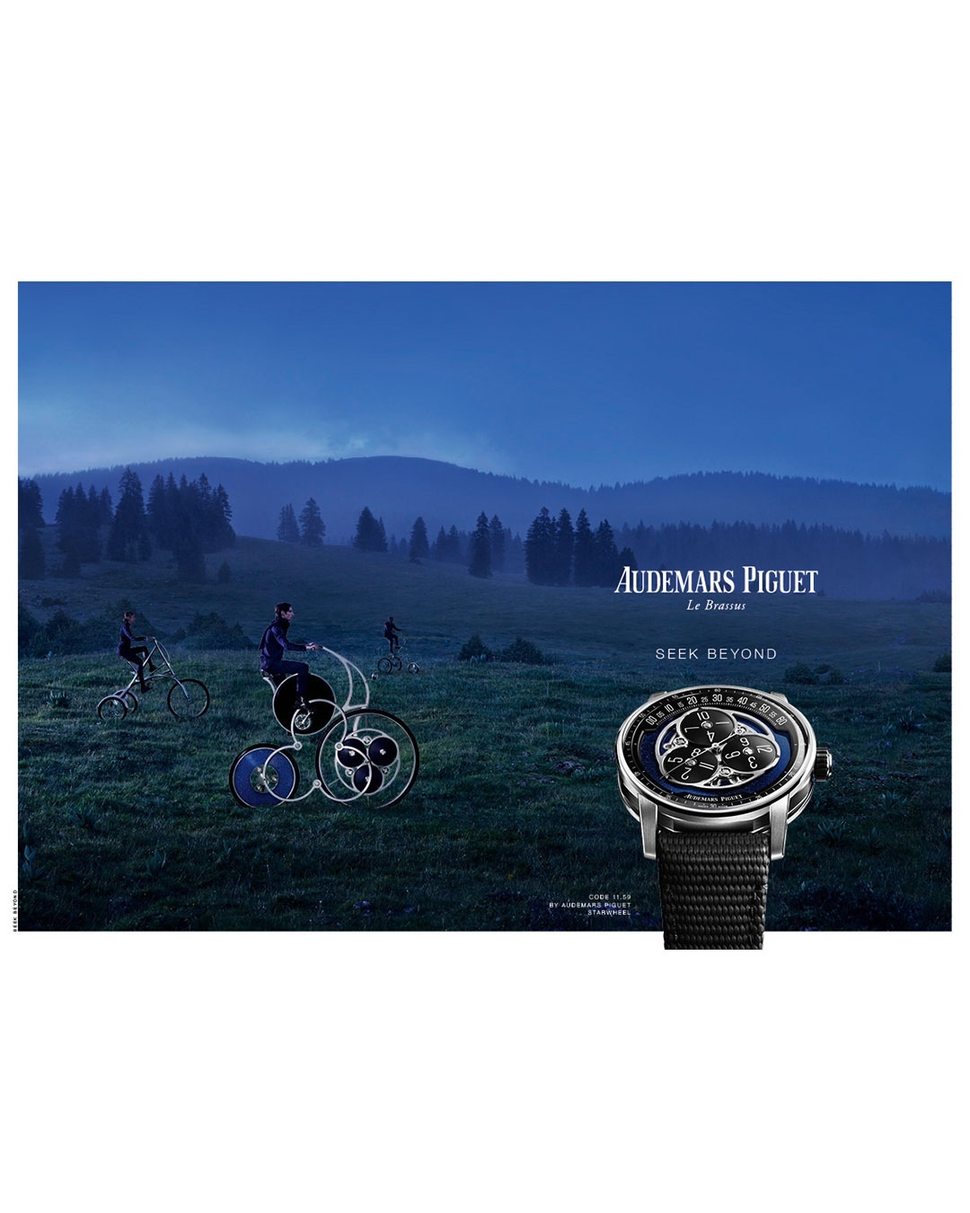 Luxury Audemars Piguet watch with a complex face set against a backdrop of people riding high-wheel bicycles in a field at night.