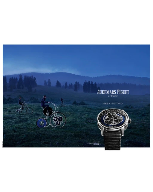 Luxury Audemars Piguet watch with a complex face set against a backdrop of people riding high-wheel bicycles in a field at night.