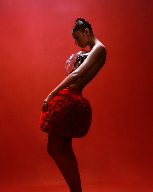 A woman in a red dress with an orb-like skirt and a clear sculptural top poses in front of a solid red background in a studio shot.