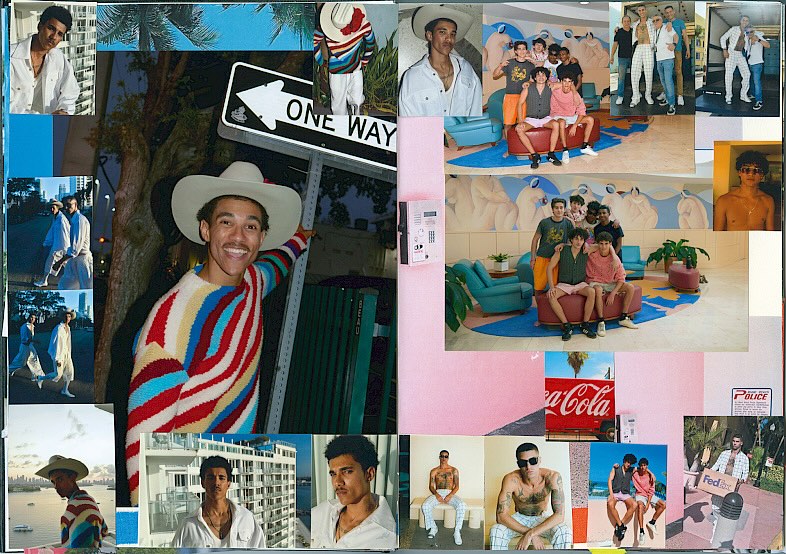 Collage of men and city scenes, featuring a smiling man in a striped sweater and hat by a One Way sign, plus Coca-Cola advertisement.