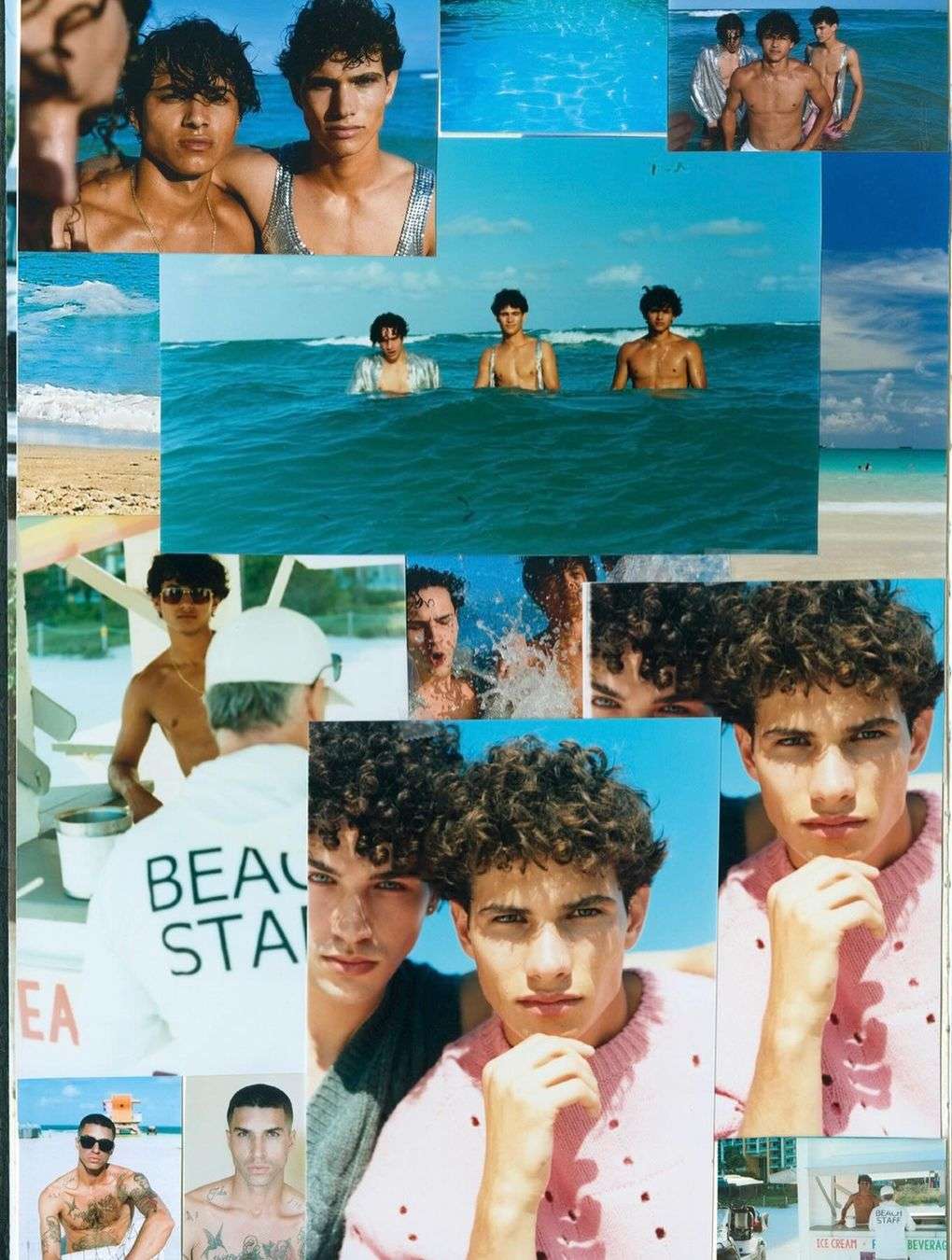 Collage of sunlit beach scenes featuring young adult men in various poses; blue sky, turquoise water, and casual summer fashion.
