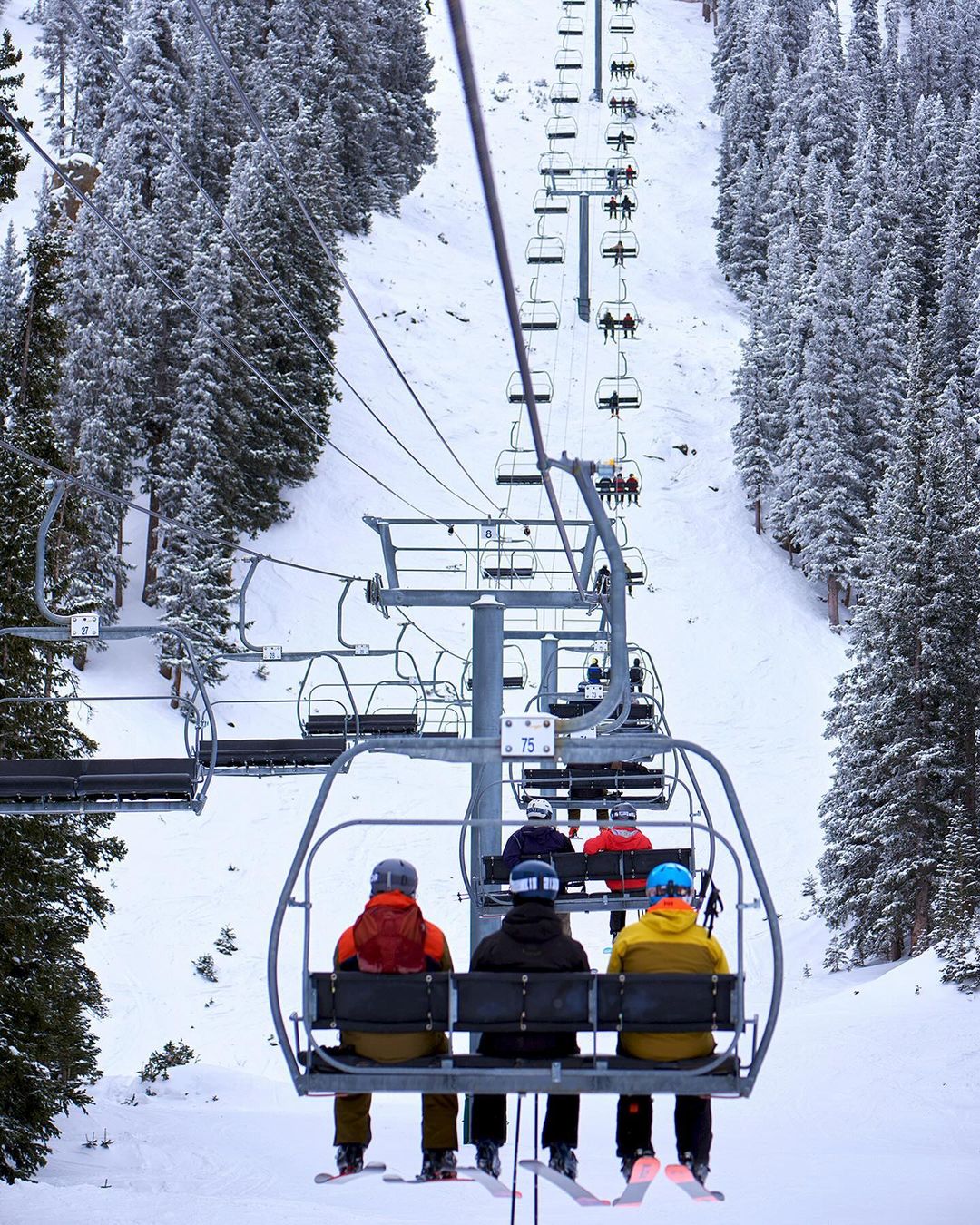 Four skiers ride a chairlift up a snowy mountain. Tall snow-covered evergreen trees and a white ski slope are in the background.