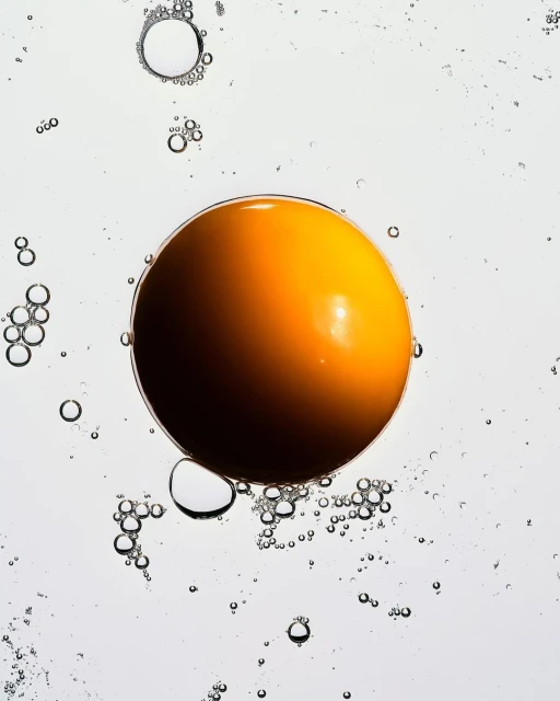 Abstract close-up of a vibrant golden sphere surrounded by translucent bubbles against a gradient white background, creating a dreamy, ethereal feel.