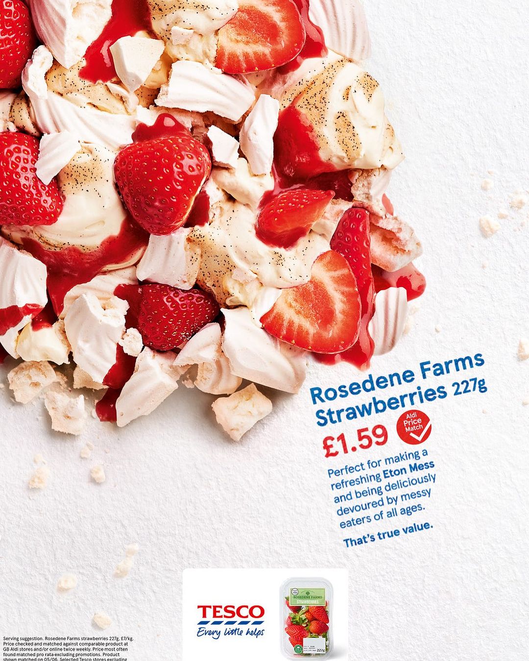 Overhead shot of Rosedene Farms strawberries and meringue pieces drizzled with a red sauce on a white background, food advertisement.