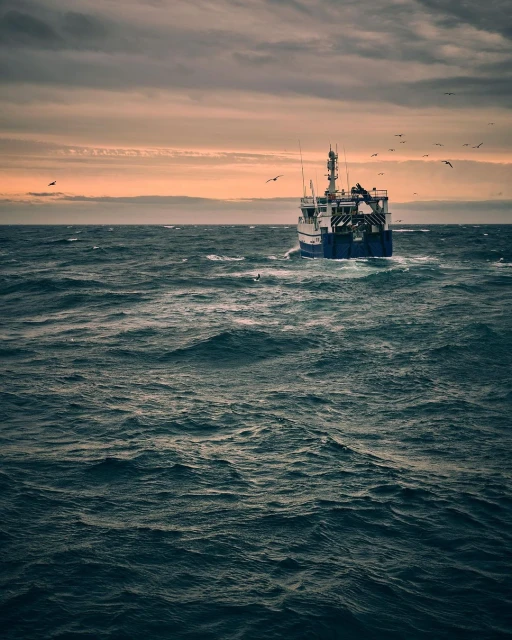 Fishing boat on the open sea under an orange-tinted sky with scattered clouds, several birds flying nearby the vessel.