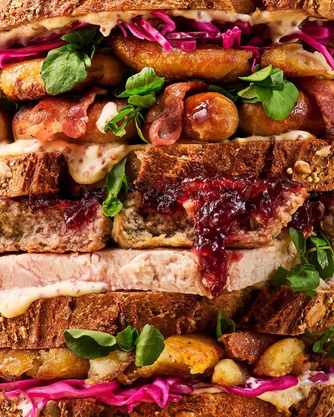 Stacked sandwich layers with meat, bread, sprouts, red cabbage, and gravy filling viewed in a vertical, close-up composition.