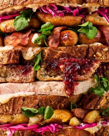 Stacked sandwich layers with meat, bread, sprouts, red cabbage, and gravy filling viewed in a vertical, close-up composition.