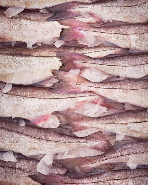 Close-up of rows of fresh raw fish with pink tails and white ice shards, creating a textured pattern for food and seafood concepts.
