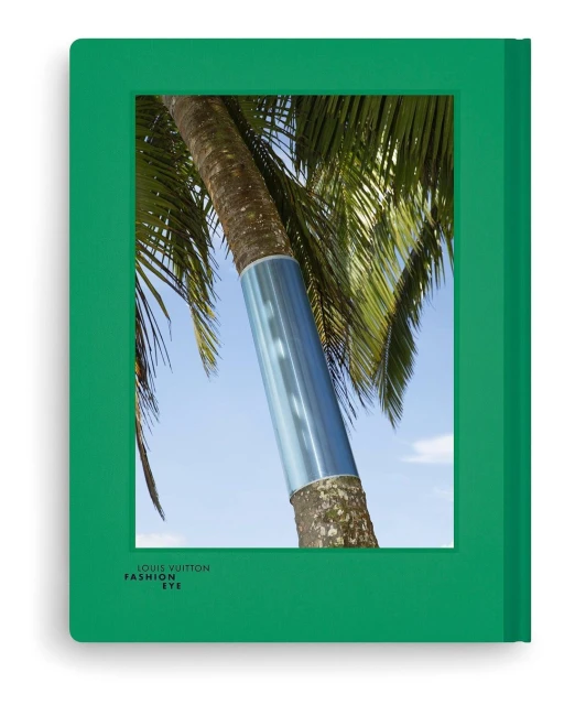 The cover of Louis Vuitton's 'Fashion Eye' book features a palm tree with a blue reflective accent against a light blue sky.