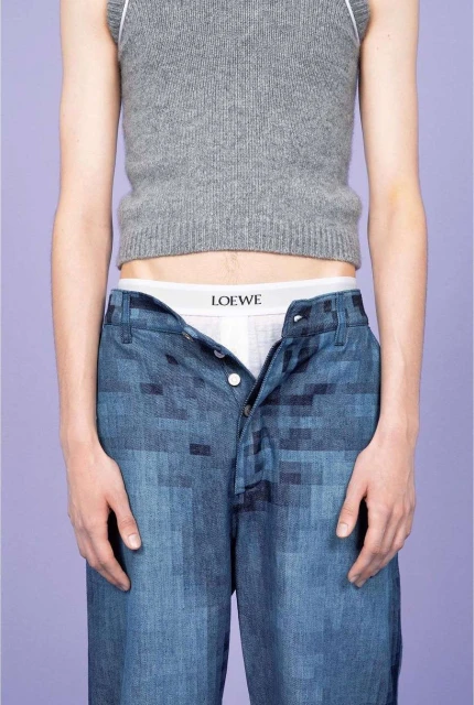 Fashion shot featuring a slender adult in a grey top and blue patterned pants, revealing white underwear against a light purple backdrop.