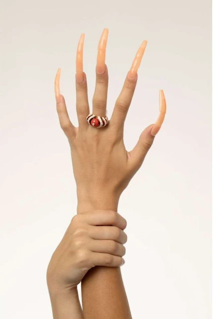 Close-up on a hand wearing a ring with long fingernails, showcasing jewelry and nail design against a light background. 